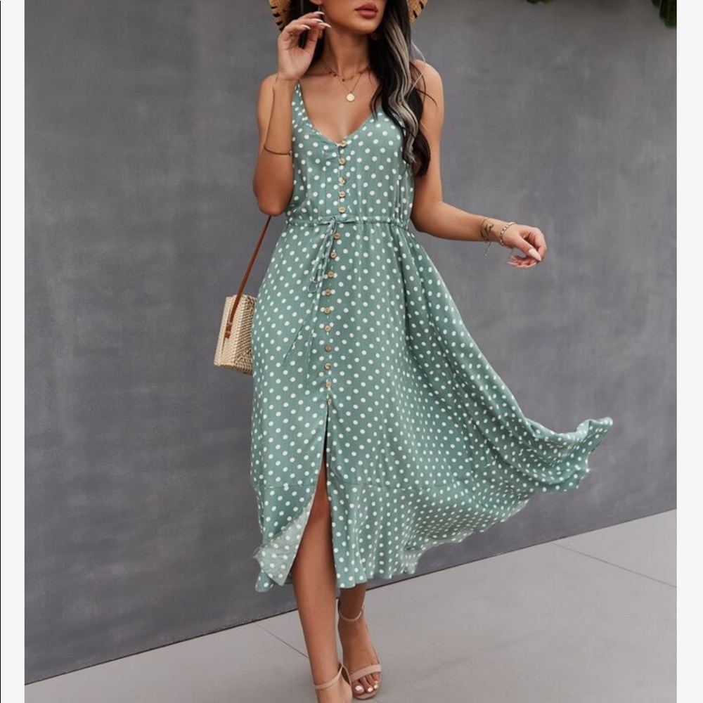 Boho Button Up V Neck Tie Polka Dot Dress GREEN - Picture 3 of 13
